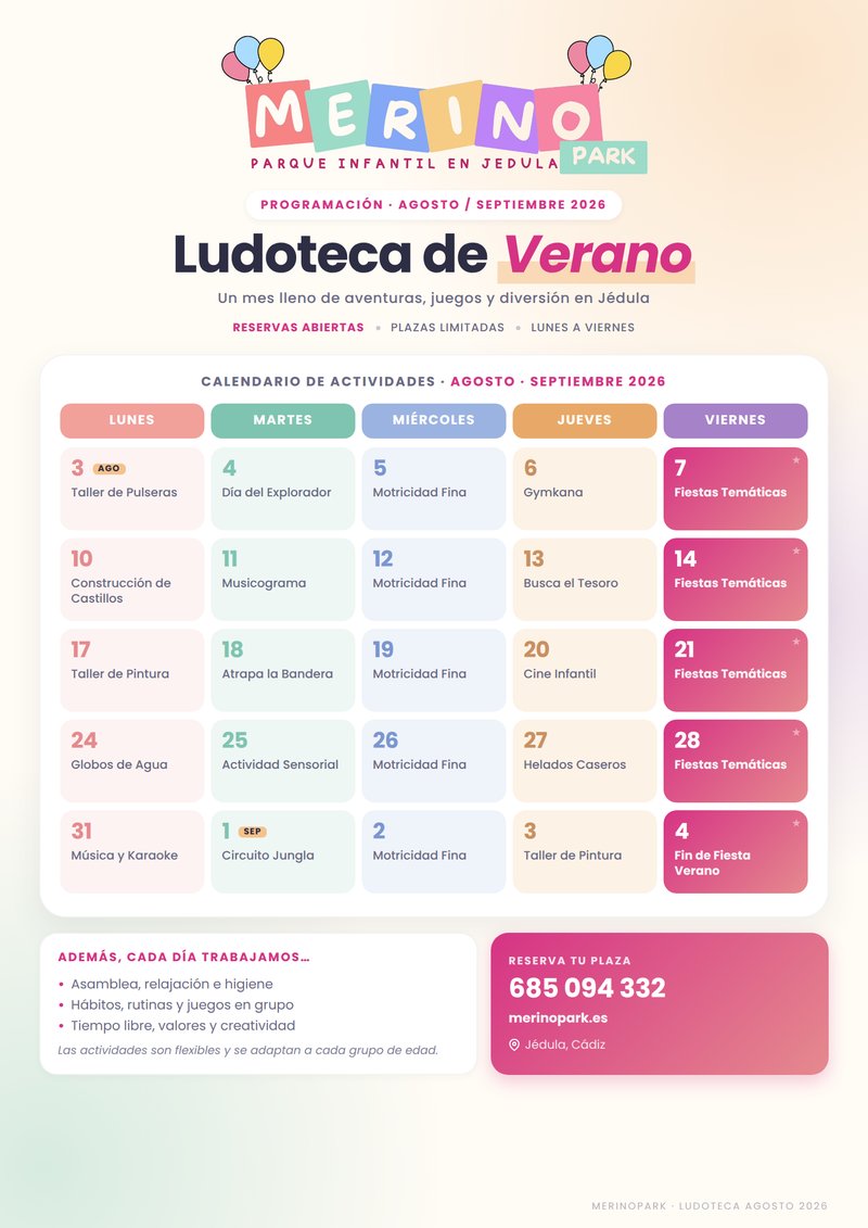 Cartel de actividades de agosto y septiembre de la Ludoteca de Verano de MerinoPark Jédula