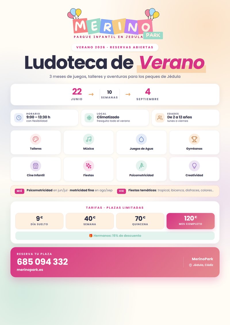 Cartel general de la Ludoteca de Verano 2026 de MerinoPark Jédula