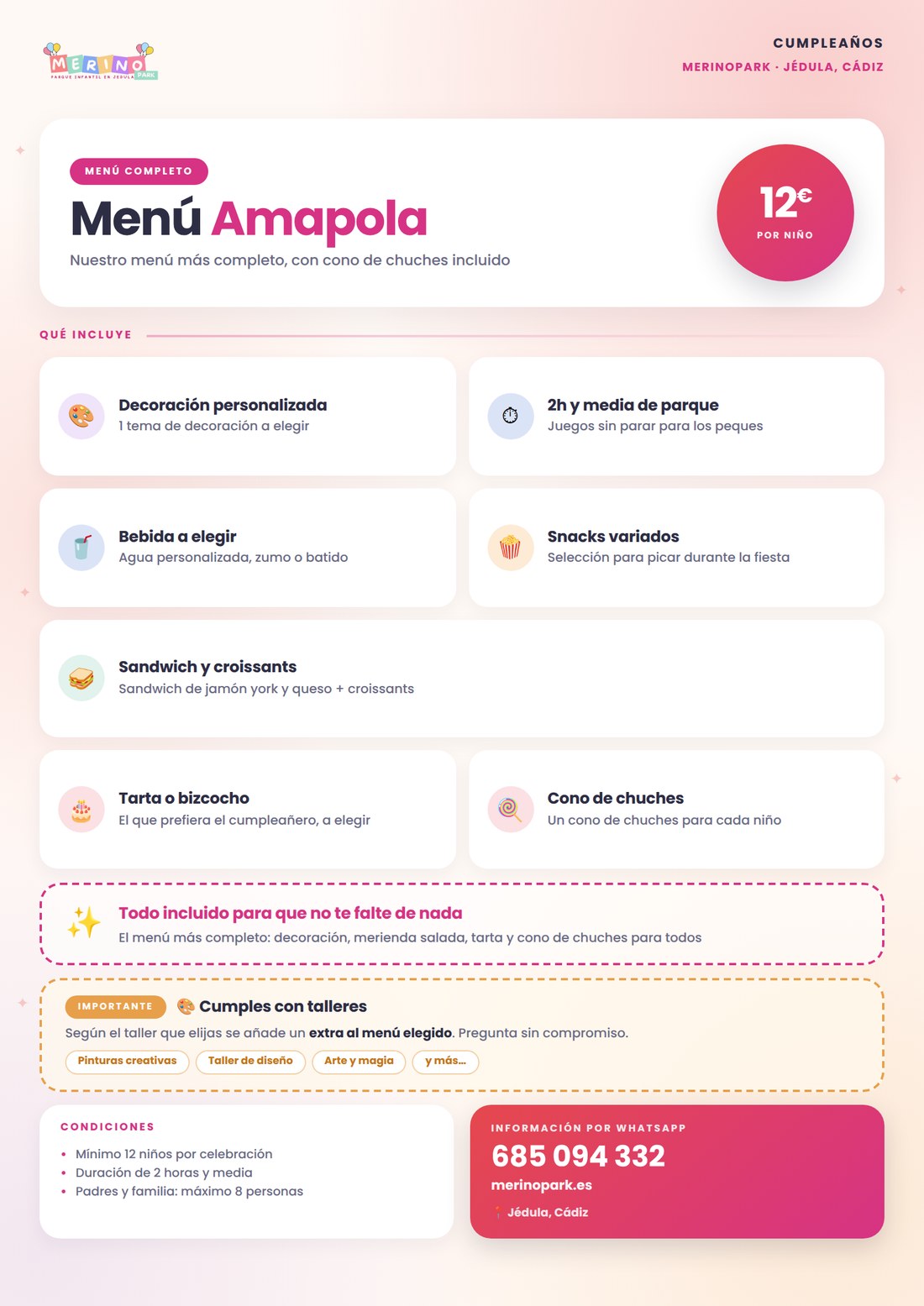 Cartel del Menú Amapola, el menú completo con cono de chuches de MerinoPark Jédula