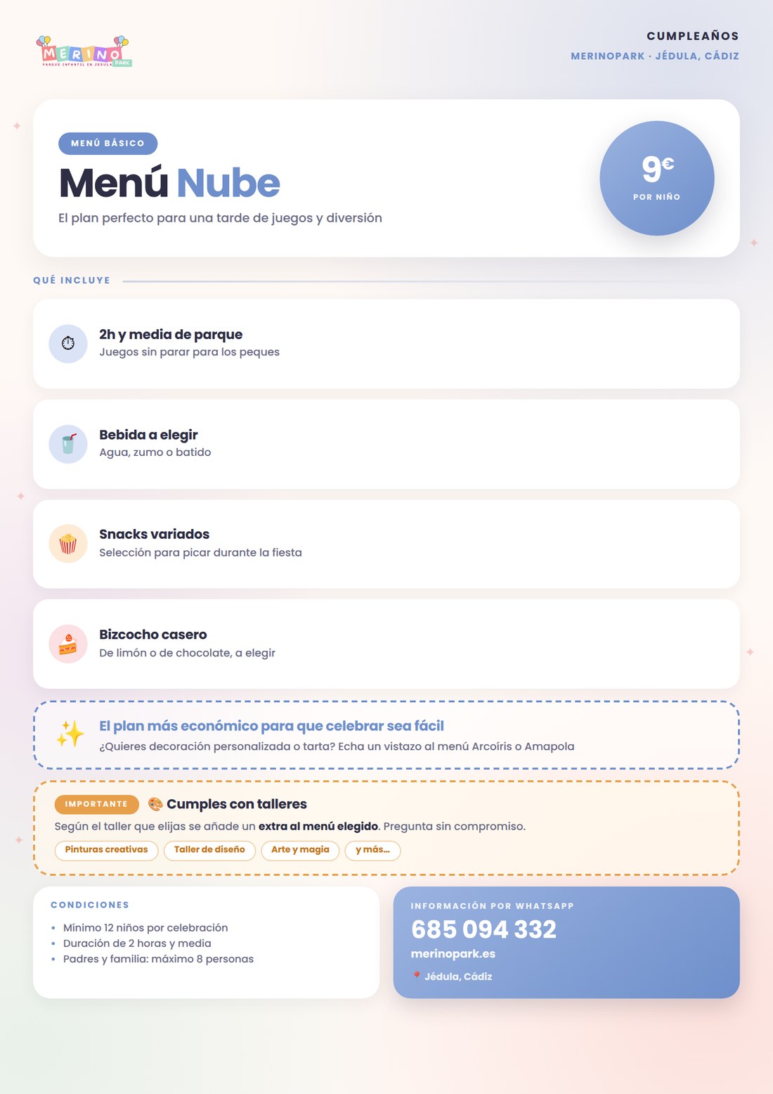 Cartel del Menú Nube, el menú básico de cumpleaños de MerinoPark Jédula